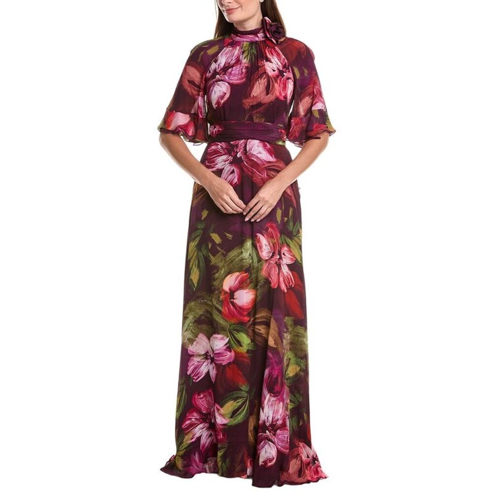 Teri Jon By Rickie Freeman Womens  Chiffon Floral Flutter Sleeve Maxi Gown, Red